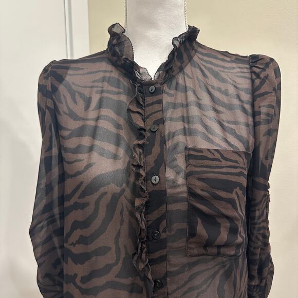 ba&sh Sisco Animal Print Ruffle Sheer Blouse Brown Black Naturel Career Sz Small - Picture 6 of 12